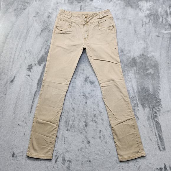 Praga Jeans Women 11 Juniors Tan Triple Button Mid Rise Skinny Leg Stretch Denim - Picture 1 of 15